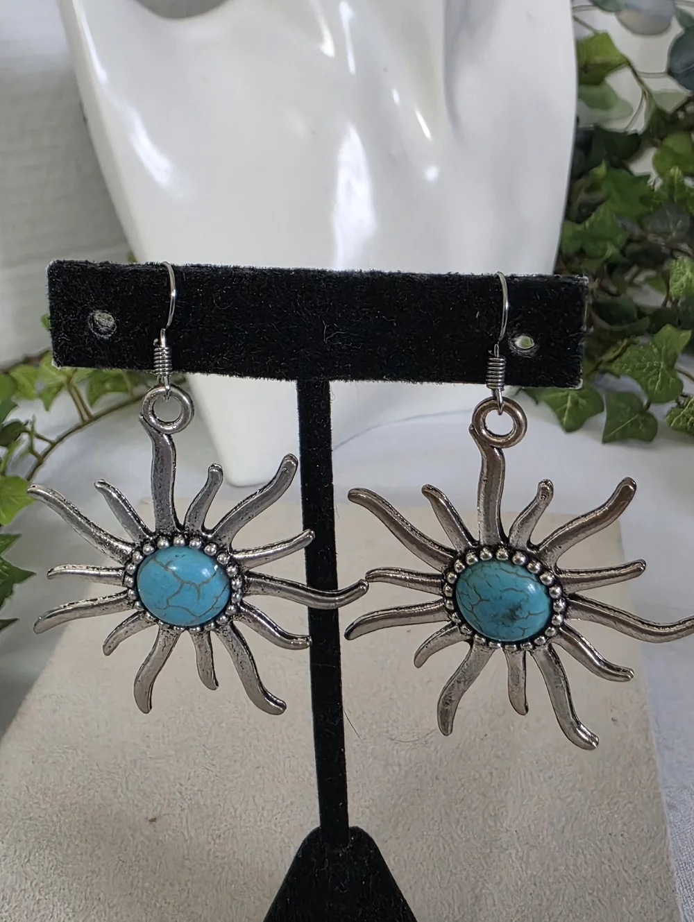 Boho Southwestern Silver Sunburst Dangle Earrings with Turquoise Style Stone